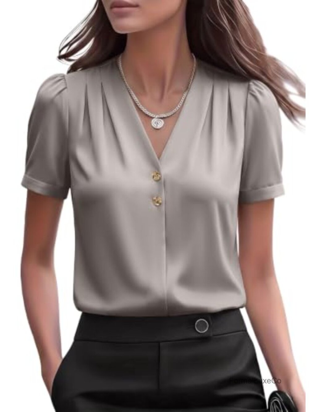 Satin V-Neck Business Casual Blouse with Flutter Sleeves
